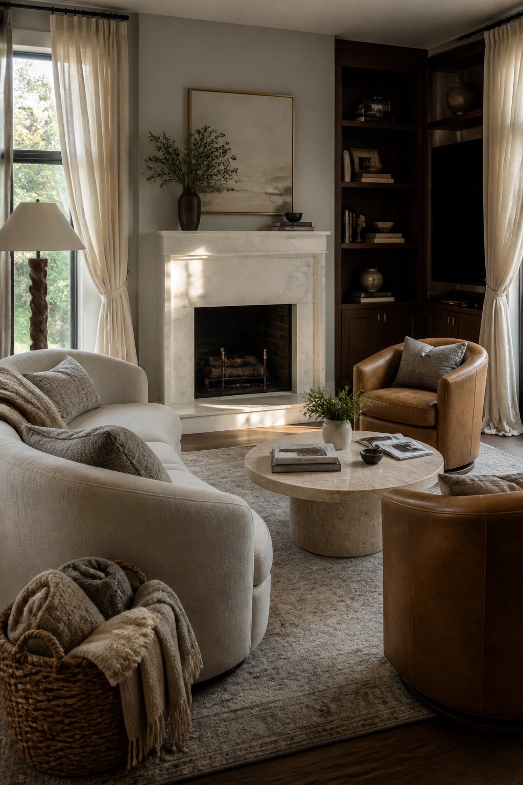 A living room featuring a marble fireplace with a curved white sofa, two brown leather swivel chairs, and a round stone coffee table arranged on a large area rug.