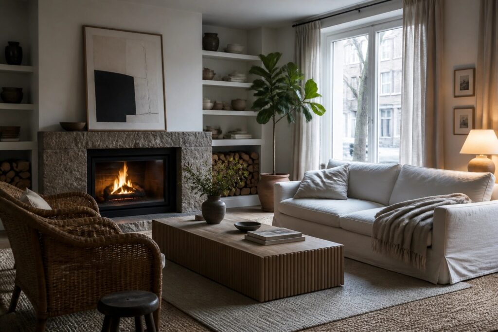 A living room with a stone fireplace, built-in white shelves holding pottery and books, a white sofa, wooden coffee table, and two woven chairs on a large rug.