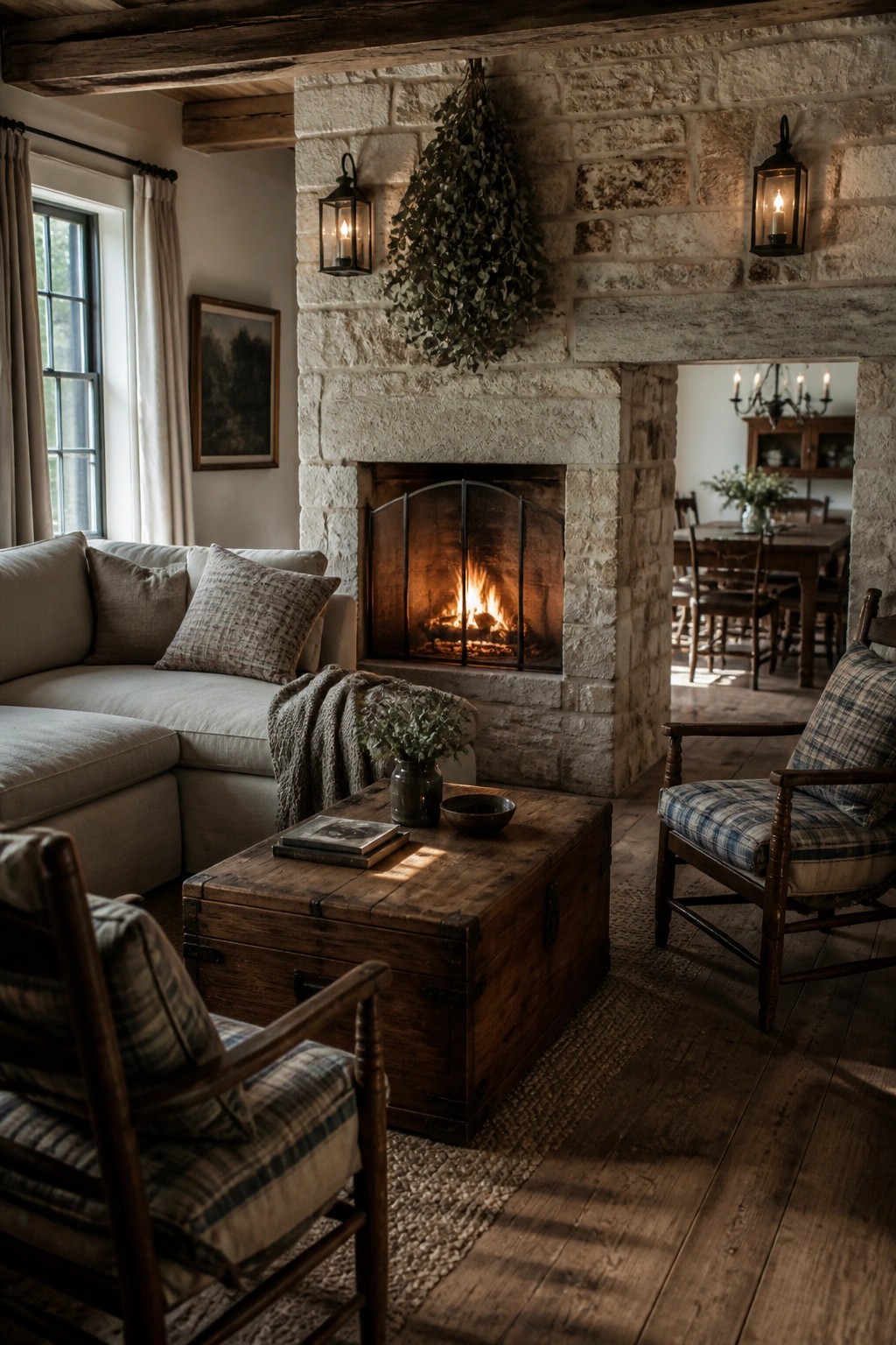 A rustic living room featuring a large stone fireplace with a burning fire, a light-colored sectional sofa, two wooden armchairs with plaid upholstery, and a wooden chest coffee table on a woven rug.