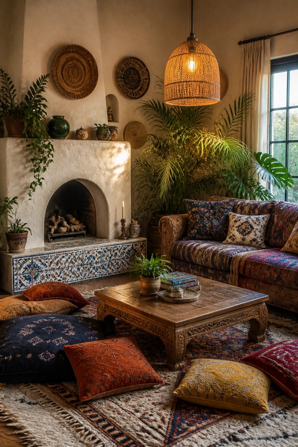 A living room with a white fireplace, wooden coffee table, patterned sofa, and multiple floor cushions arranged on a large rug.