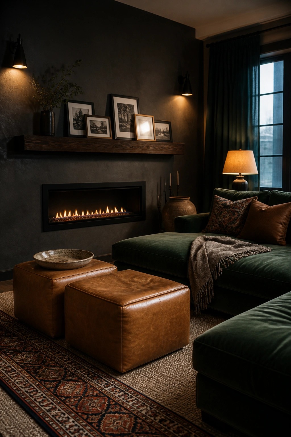 A dark living room features a linear fireplace on a textured wall with a wooden floating shelf holding framed photos above it, two brown leather ottomans on a patterned rug, and a green velvet sectional sofa with pillows and a throw blanket.