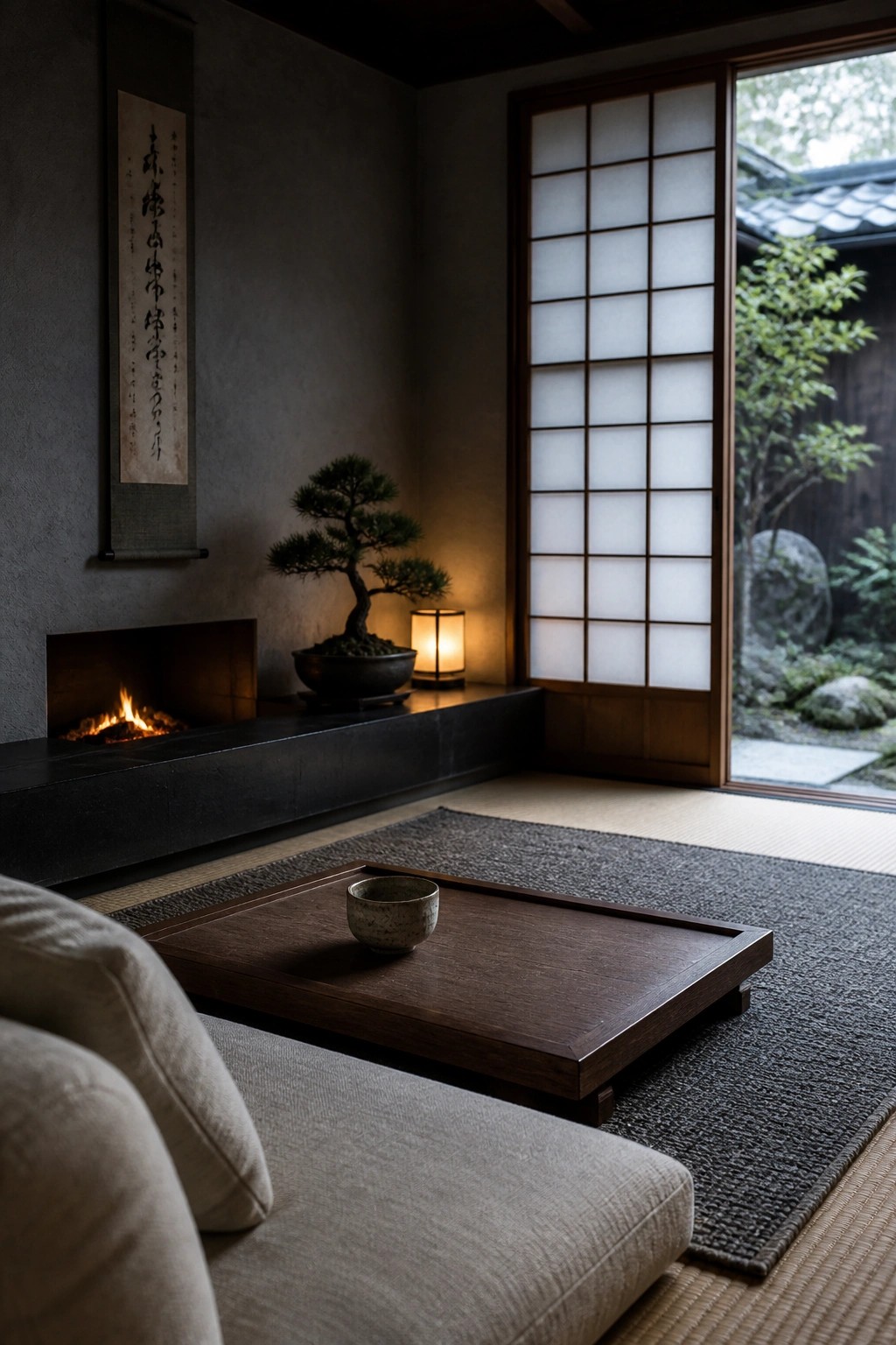 A Japanese-style room with a low dark platform holding a small fireplace, a bonsai, and a lantern, a low wooden table on a dark rug with one ceramic bowl, floor cushions, a hanging scroll on the wall, and a shoji screen open to a garden.