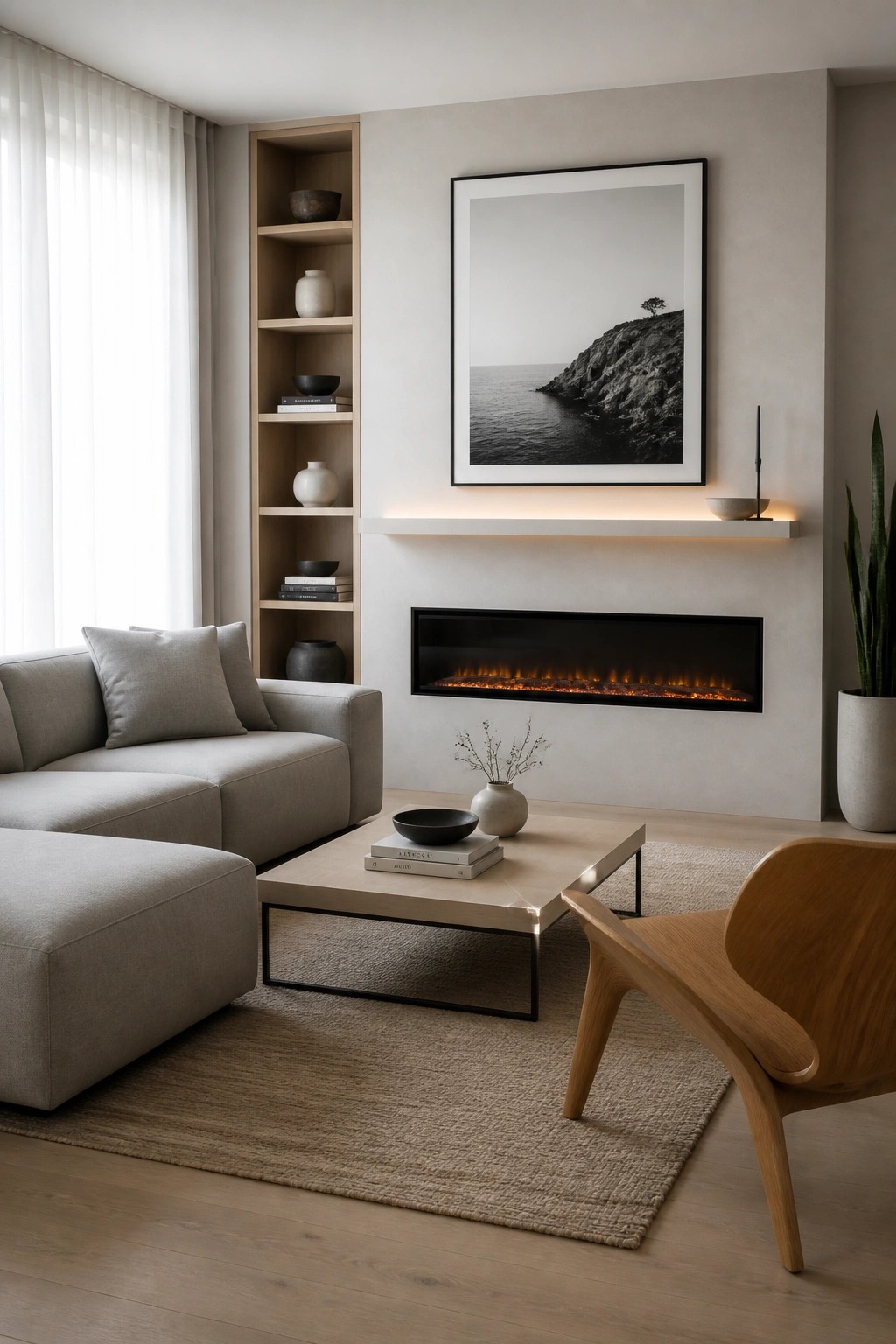 Modern living room with gray sectional sofa, lit fireplace, and coastal artwork