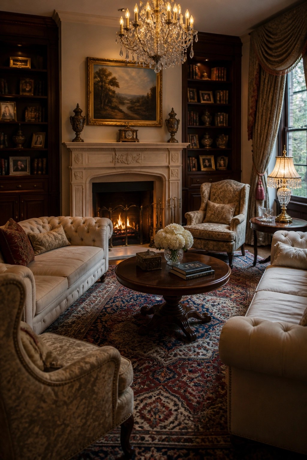 A living room with a central fireplace, two cream sofas, two patterned armchairs, a round wooden coffee table, and built-in bookshelves on both sides.