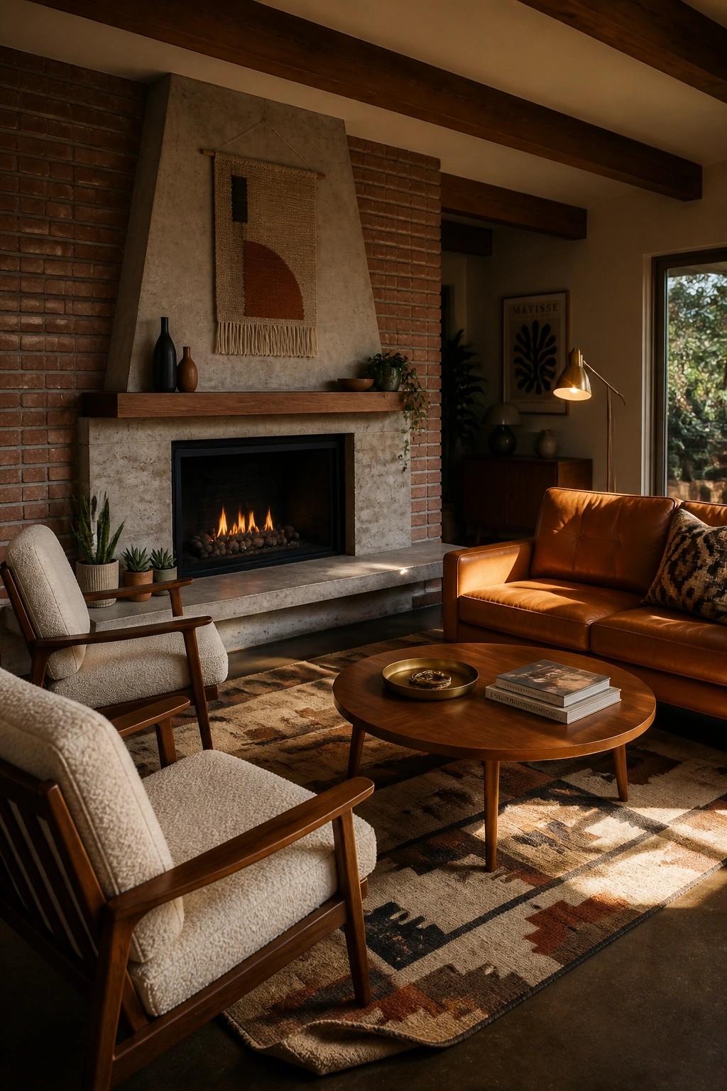 A living room featuring a brick fireplace with a round coffee table, brown leather sofa, and two upholstered armchairs arranged on a patterned rug.