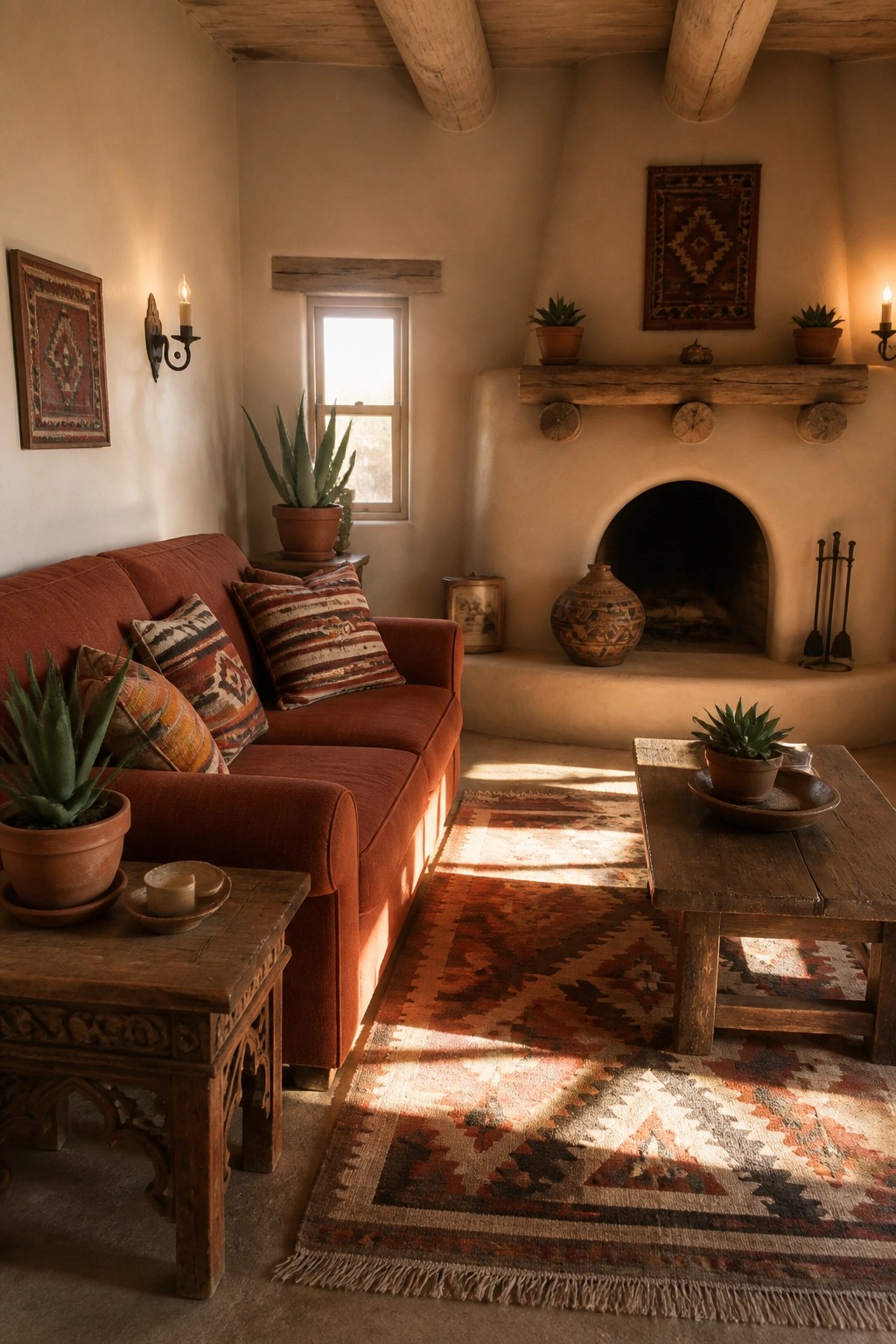 A living room featuring a rust-colored sofa facing an adobe fireplace, with a wooden coffee table and patterned rug in the foreground.