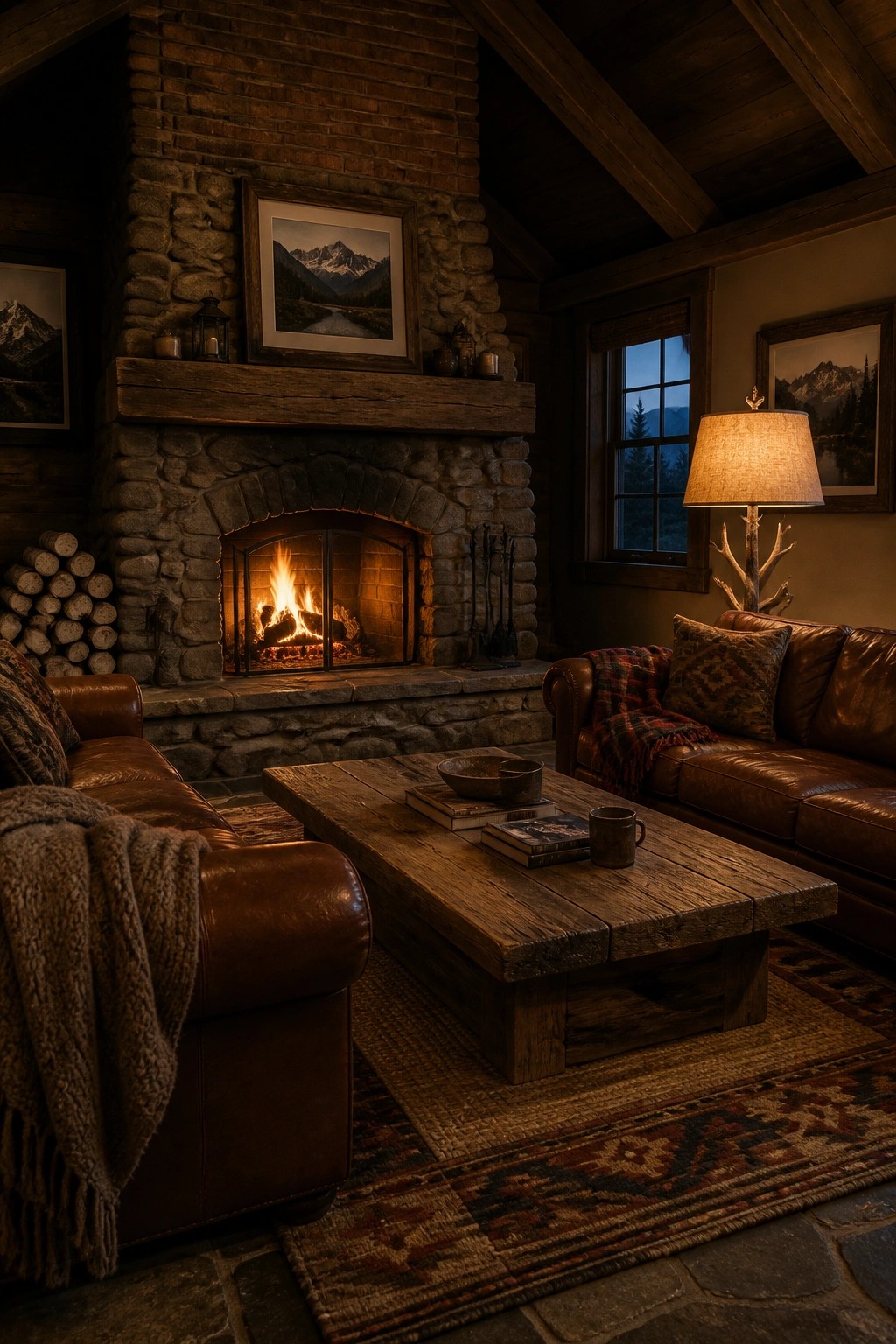 A rustic living room with a large stone fireplace, two brown leather sofas facing each other around a wooden coffee table, and framed mountain prints on the walls.