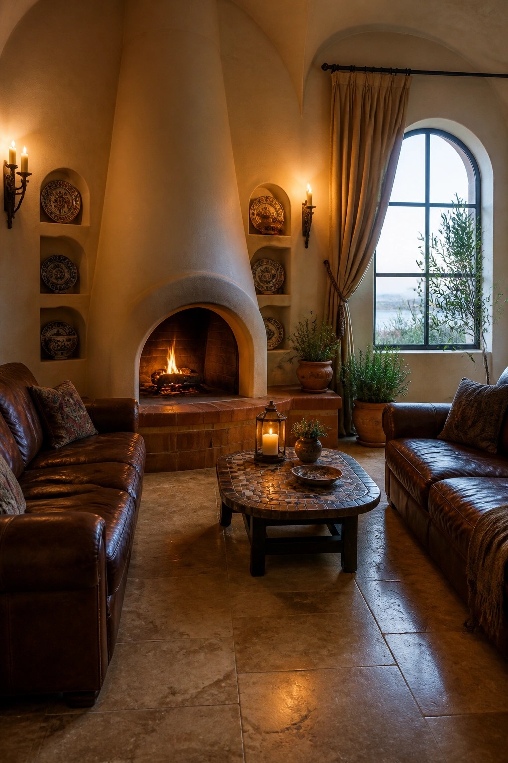Cozy living room with leather sofas, glowing fireplace, mosaic table, and arched window.