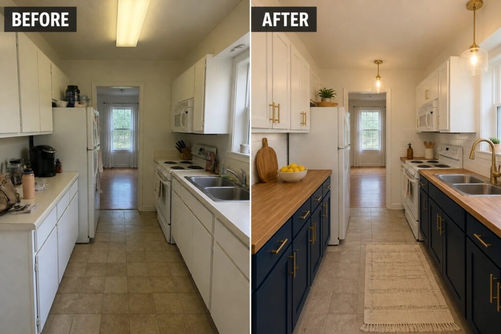 Before and after narrow kitchen remodel with white and navy cabinets, wood counters