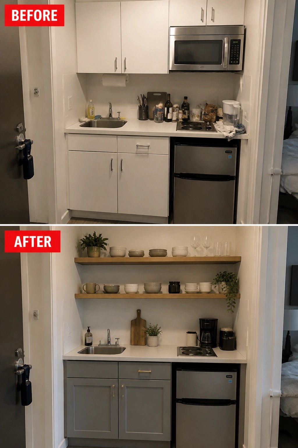Before-and-after image of a small kitchen showing white cabinets repainted in gray with open wooden shelves added above the counter.