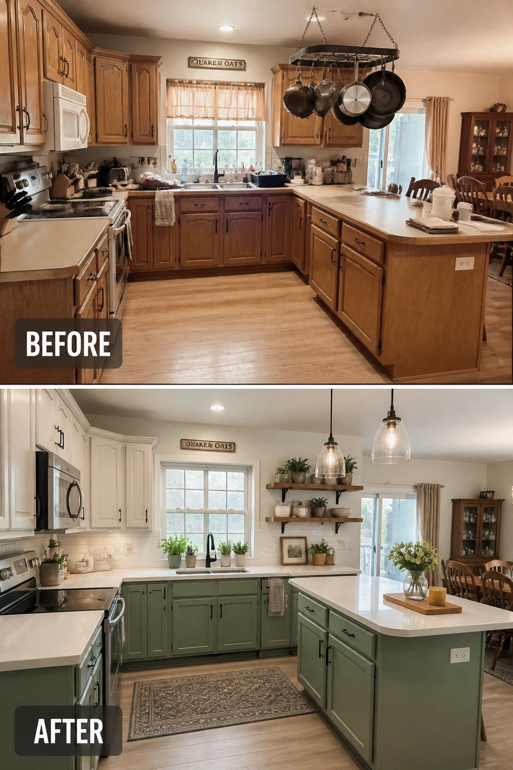 Before and after kitchen remodel showing wooden cabinets updated to green and white with new island