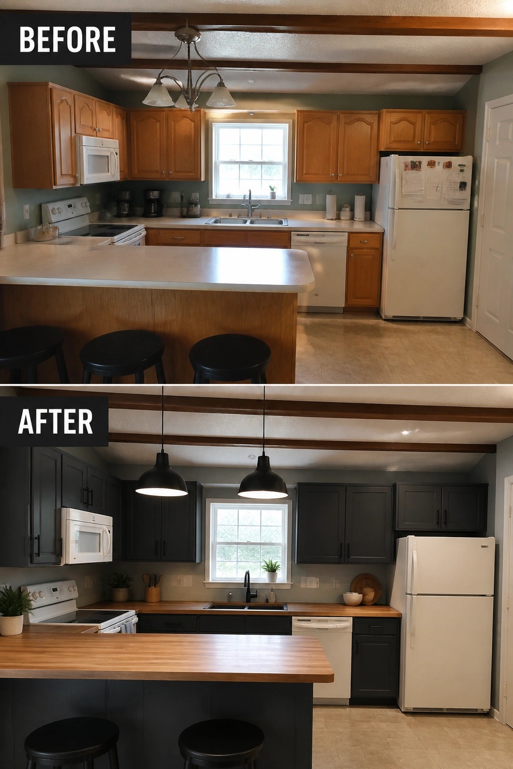 Before-and-after image of a kitchen with light wood cabinets updated to dark painted cabinets along with new countertops and lighting.