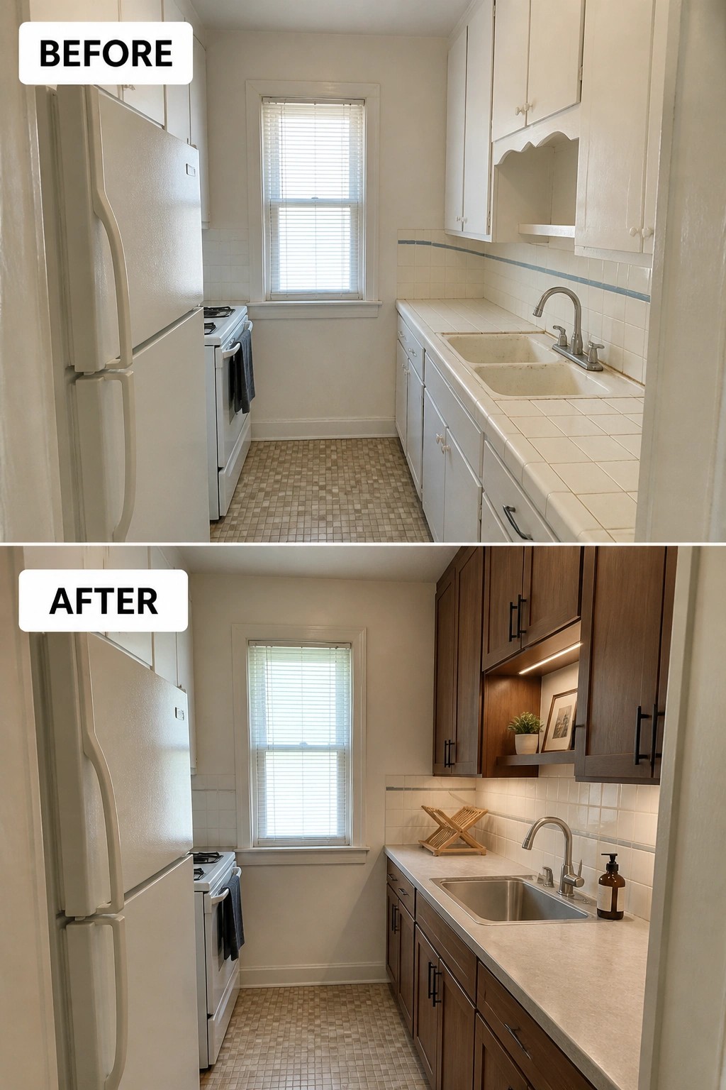 Before and after kitchen remodel showing white cabinets replaced by dark wood.
