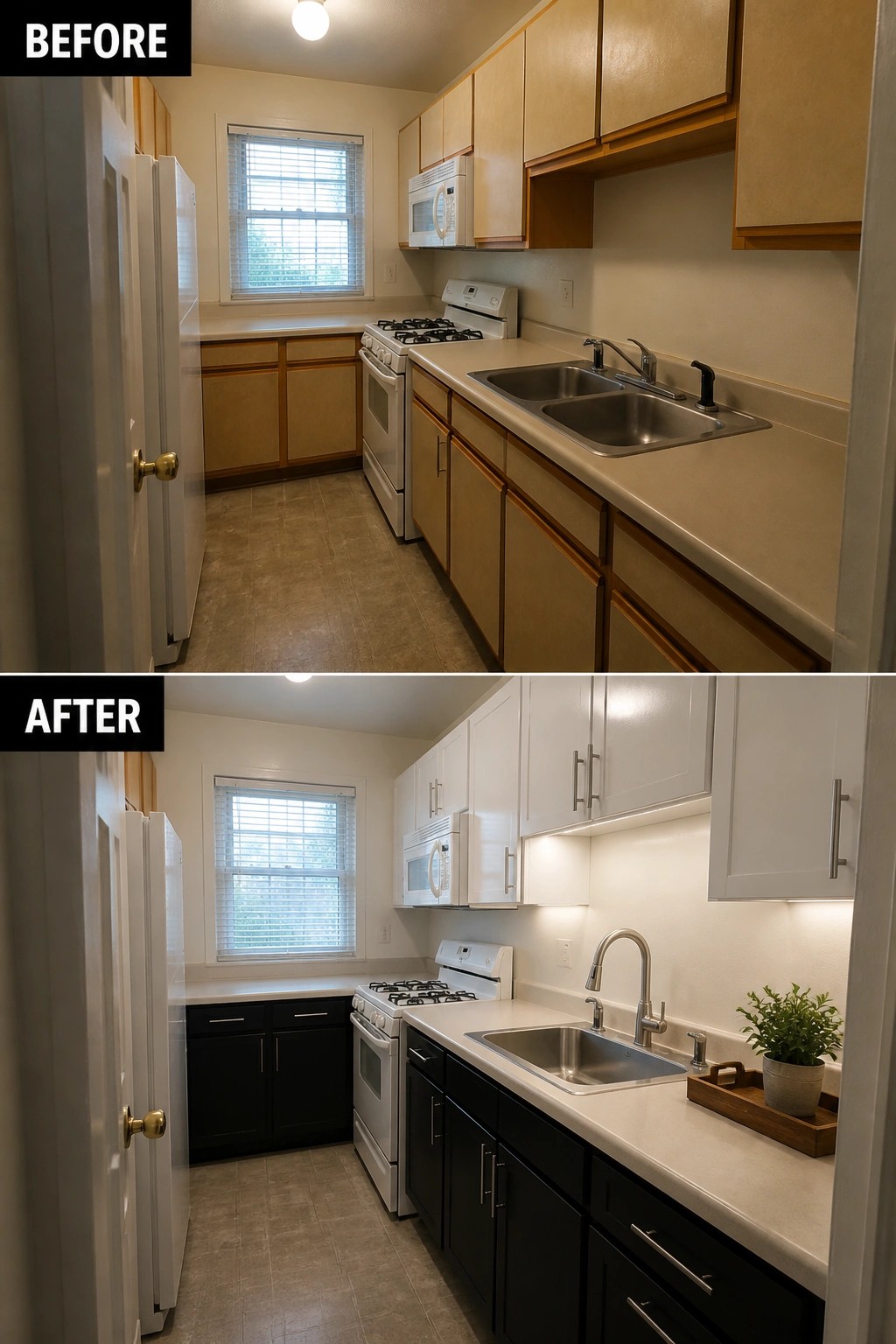 Before beige cabinets and after modern black white kitchen renovation with new sink