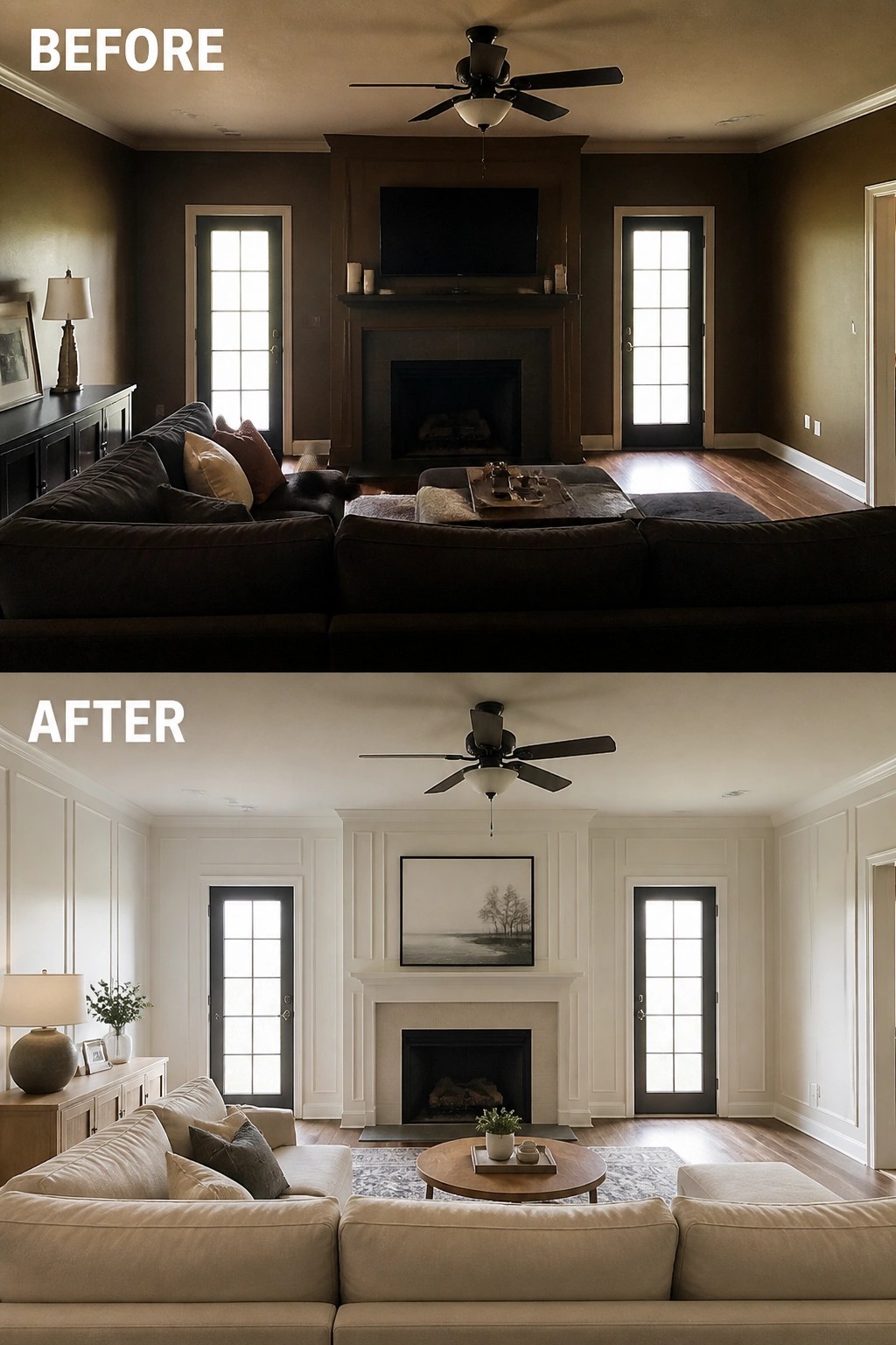 Living room before and after: dark brown walls and sofa to bright white neutral decor.