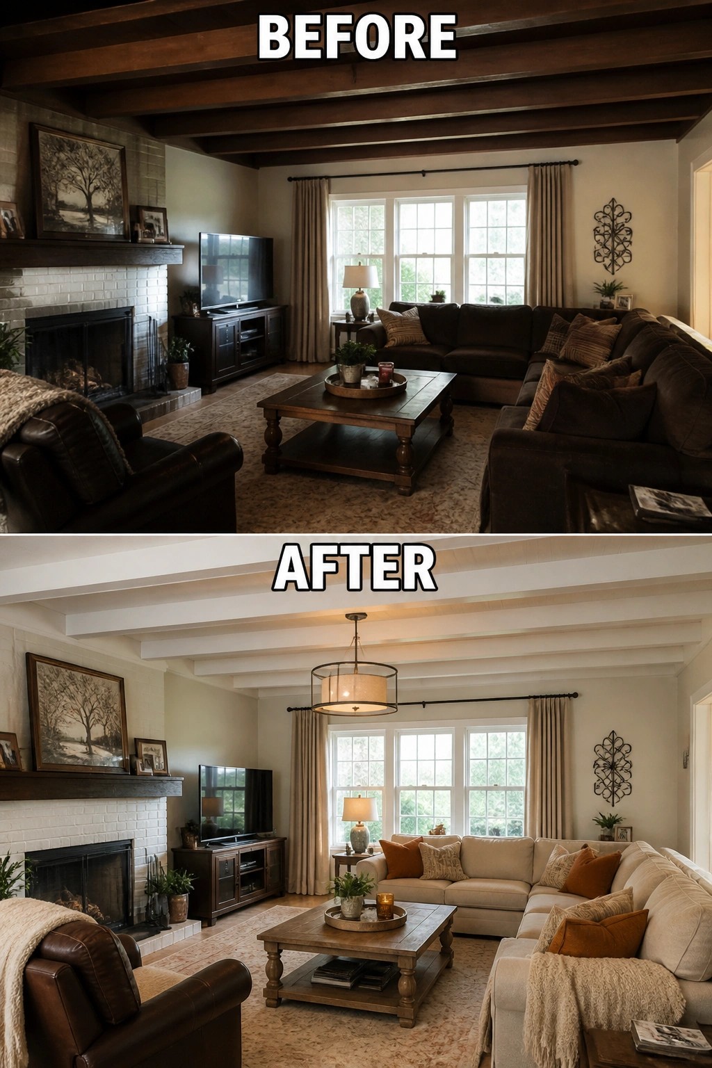 Before and after living room with dark brown to light beige furniture and white ceiling beams