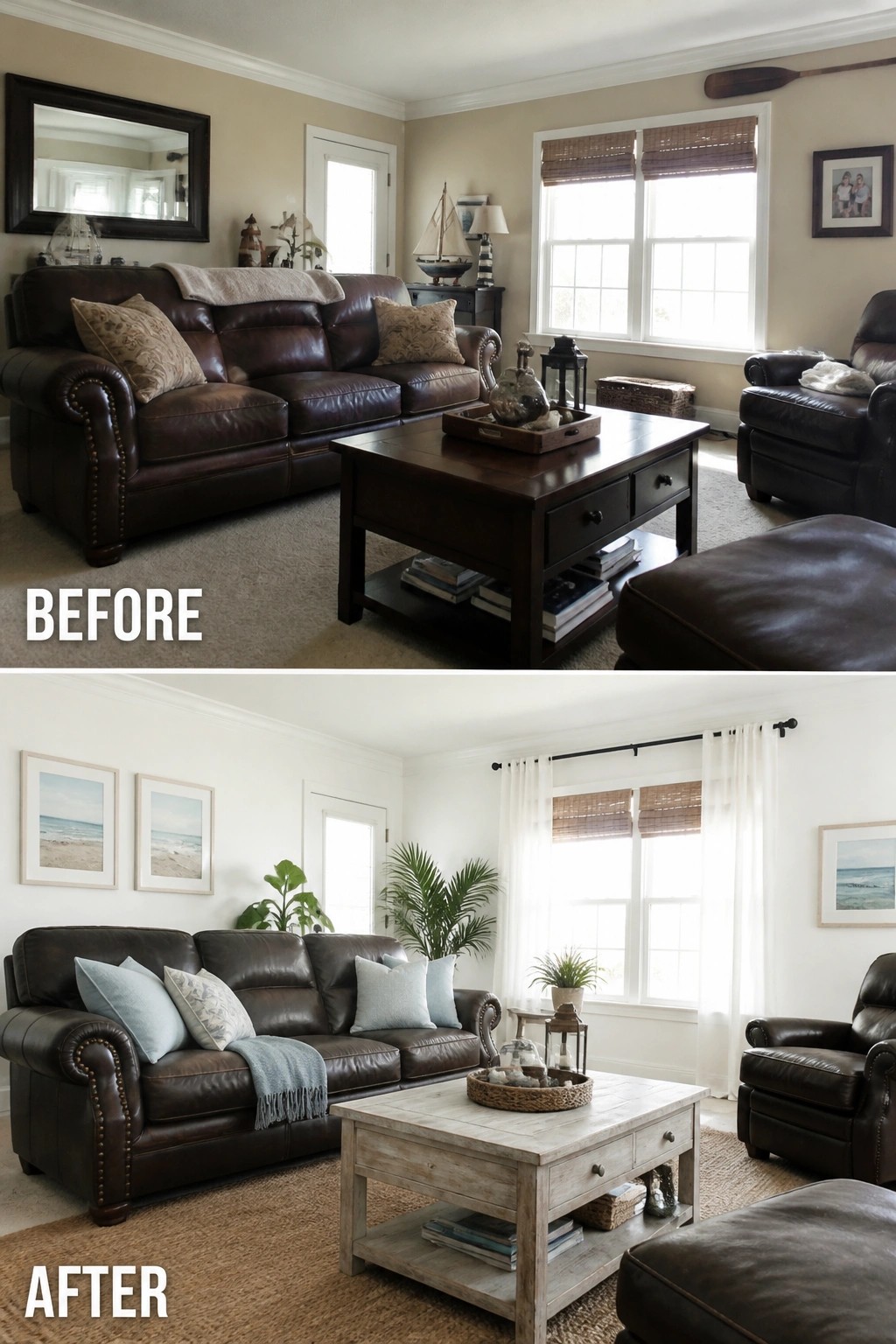 Before-and-after image of a living room with dark brown leather furniture updated with lighter pillows, a throw, curtains, wall art, and a pale coffee table.