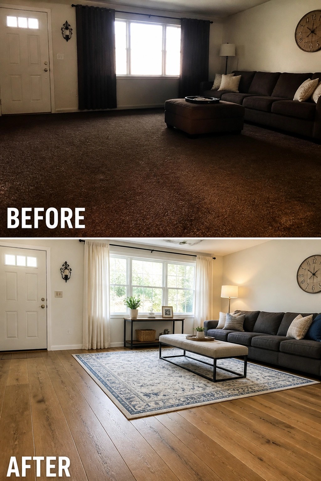 Before-and-after image of a living room with dark brown carpet changed to light wood floors, a large area rug, lighter curtains, and rearranged seating.