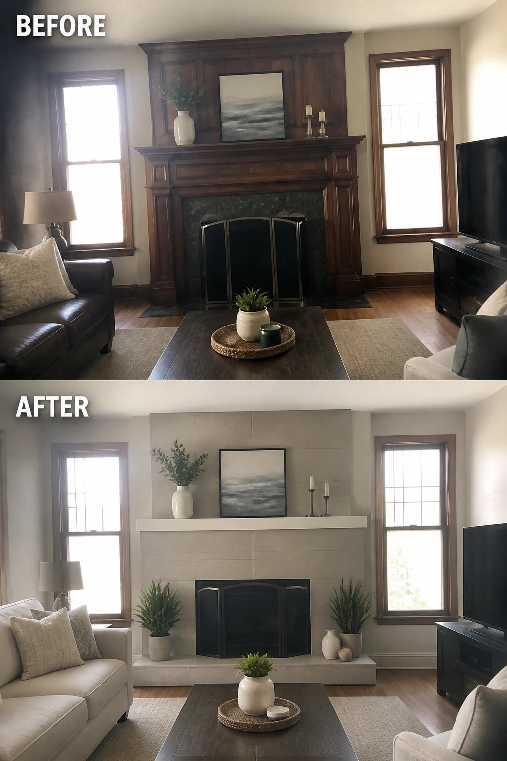 Before and after living room fireplace remodel from dark wood to light modern tiles.