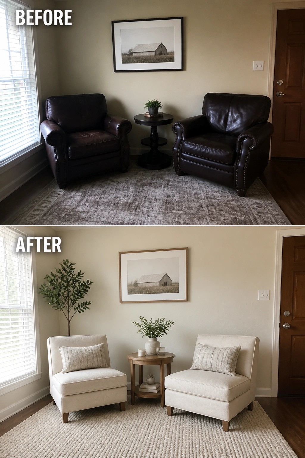 Before and after room with dark leather armchairs replaced by light beige fabric ones