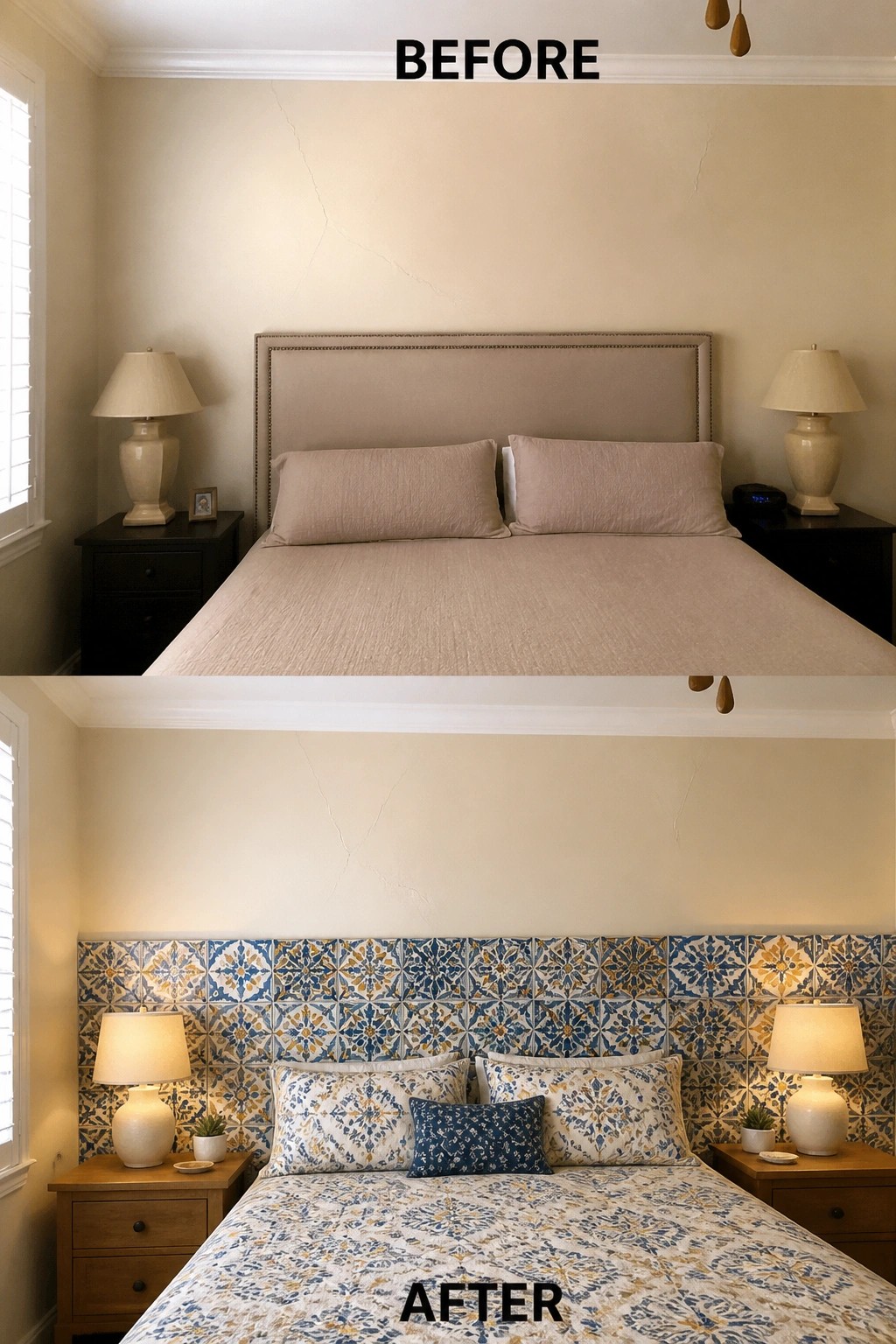 Before and after bedroom with plain wall versus colorful tile headboard and patterned bedding