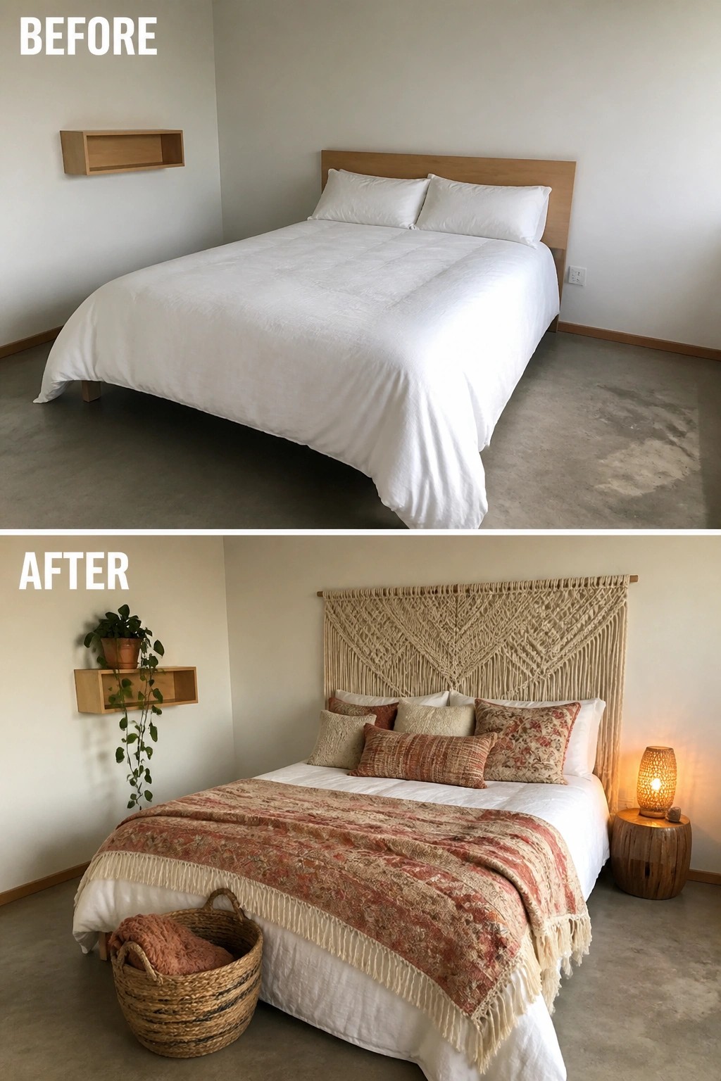 Before and after bedroom with macrame headboard, patterned textiles, and added decor accents