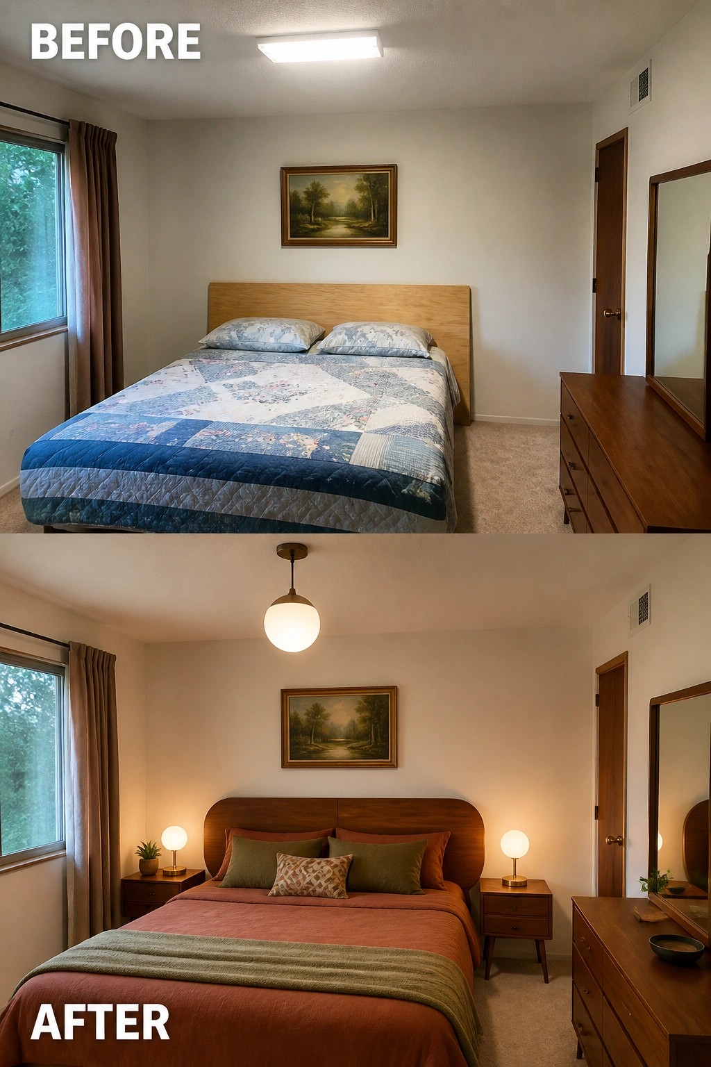 Before and after bedroom with blue quilt replaced by terracotta bedding and warm lighting.