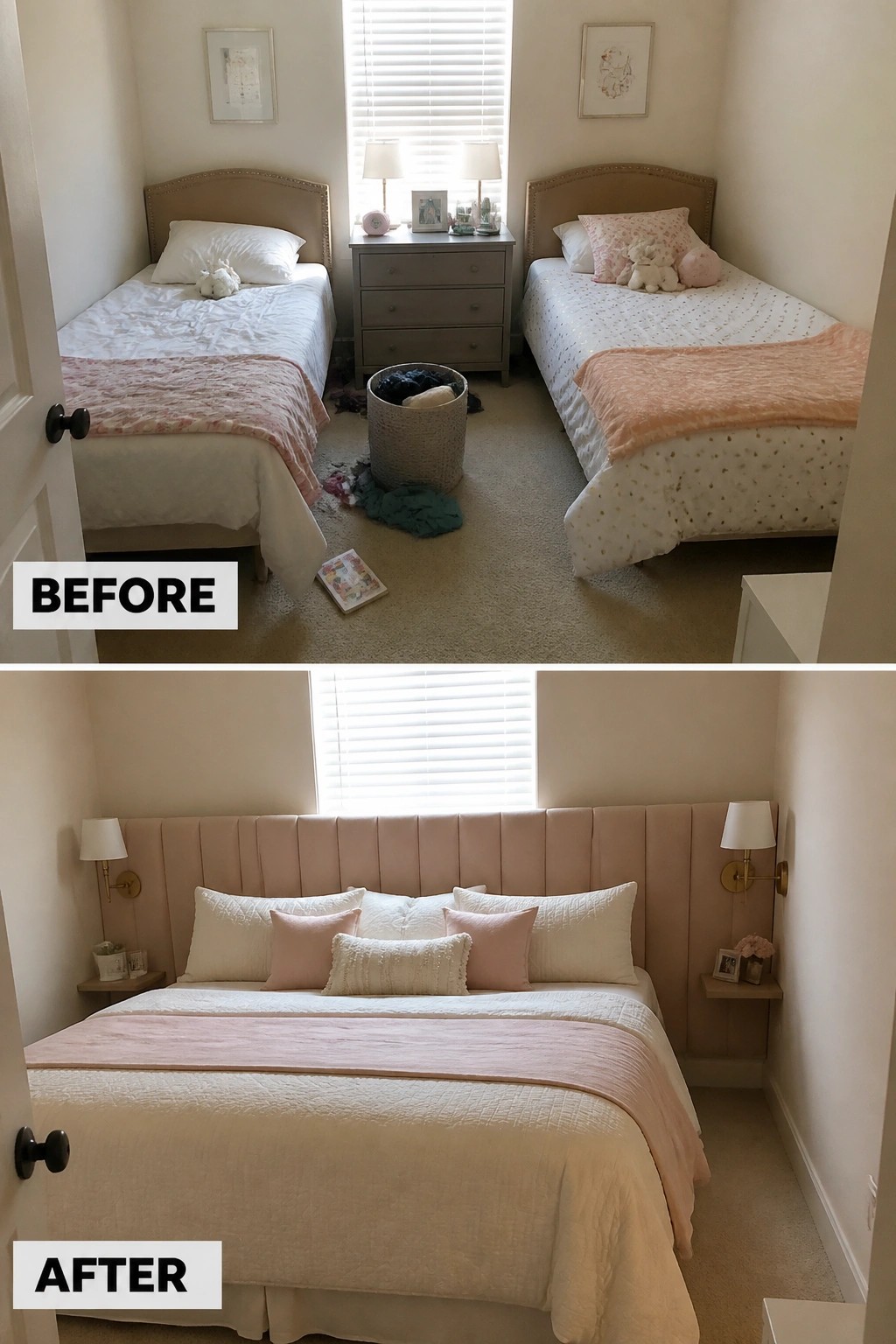 Before-and-after bedroom makeover from two messy twin beds to one large pink bed
