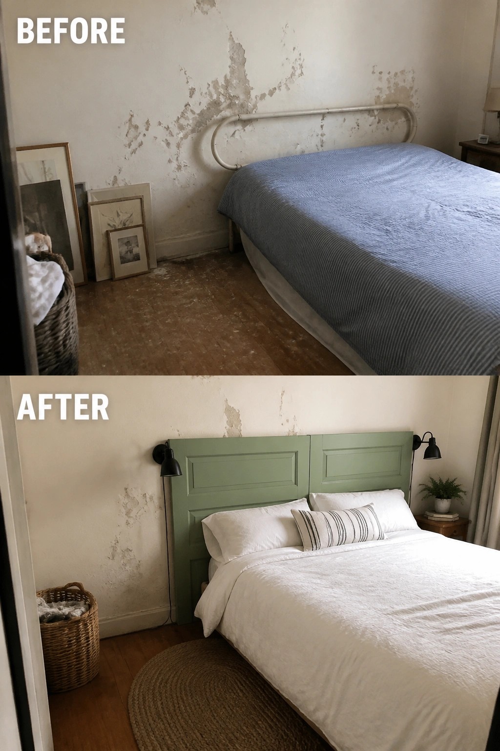 Before-and-after image of a bedroom showing a metal bed frame replaced by a green paneled headboard with white bedding, wall sconces, and a round rug.