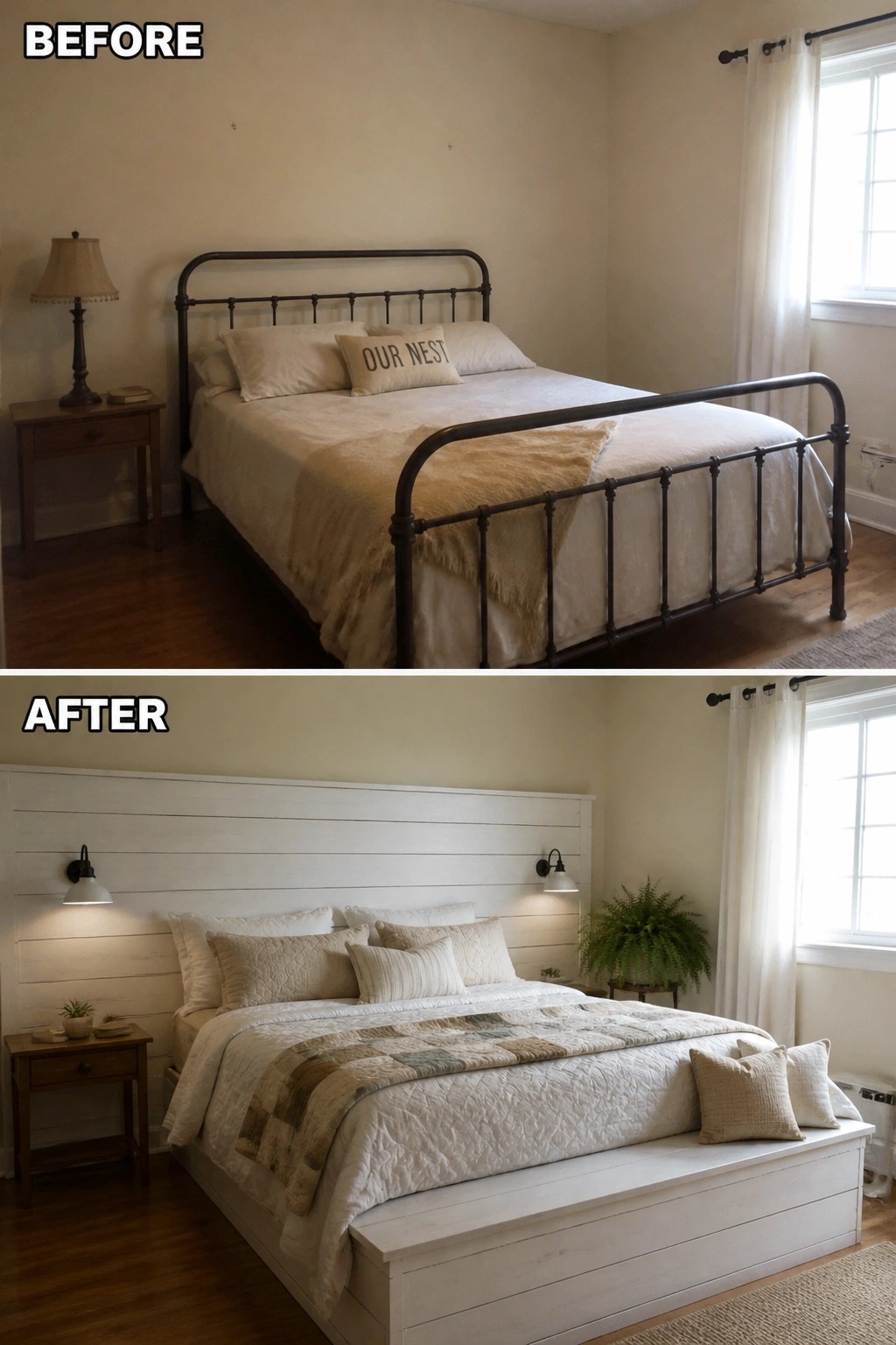 Before and after bedroom with dark metal bed transformed to white wooden frame.