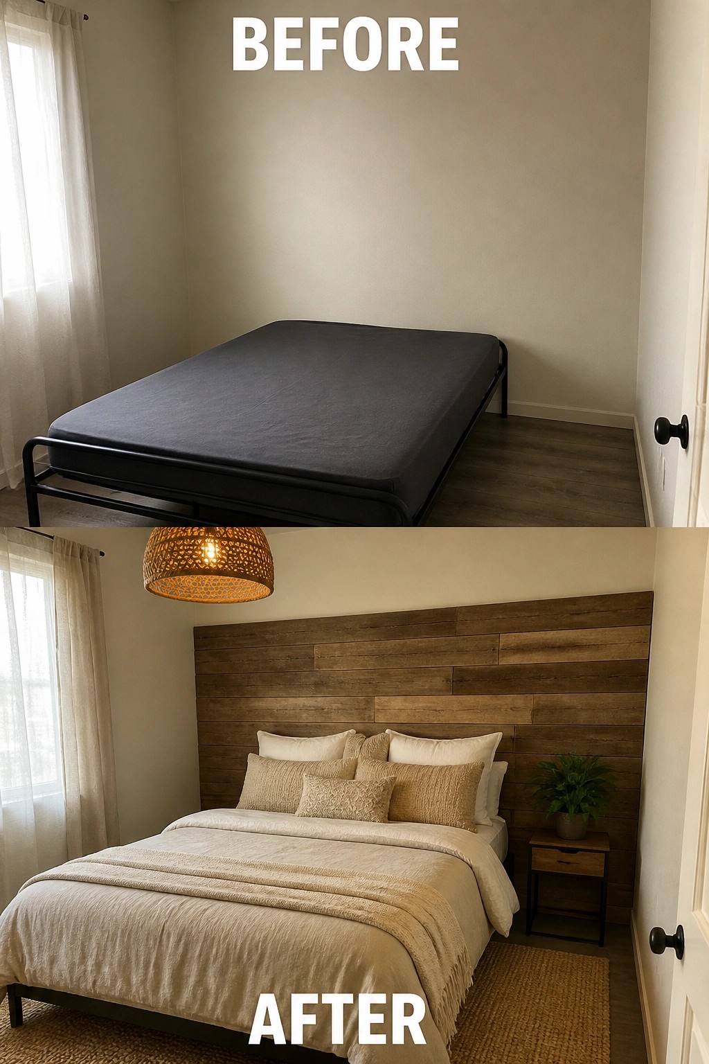 Before-and-after image of a plain bedroom with a basic bed frame changed by adding a wood accent wall behind the bed along with layered bedding and a woven pendant light.