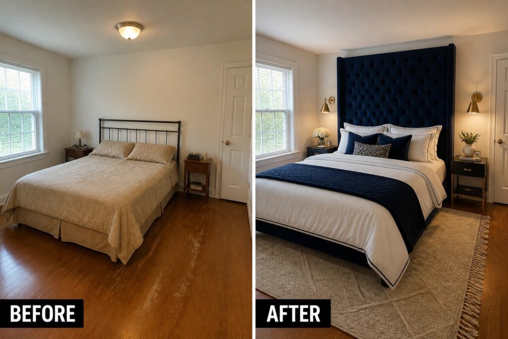 24 Polished Bedroom Remodel Ideas Centered Around a Statement Headboard Before and after bedroom with navy tufted headboard, rug, and sconces added