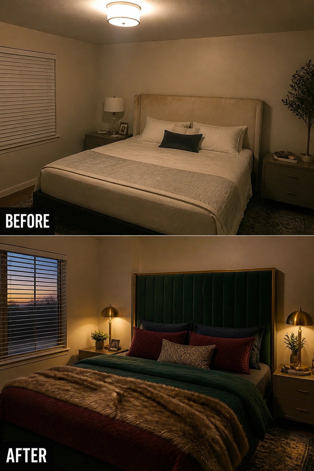 Before-and-after image of a bedroom with a plain neutral bed changed to a large green velvet headboard with layered pillows and richer bedding.