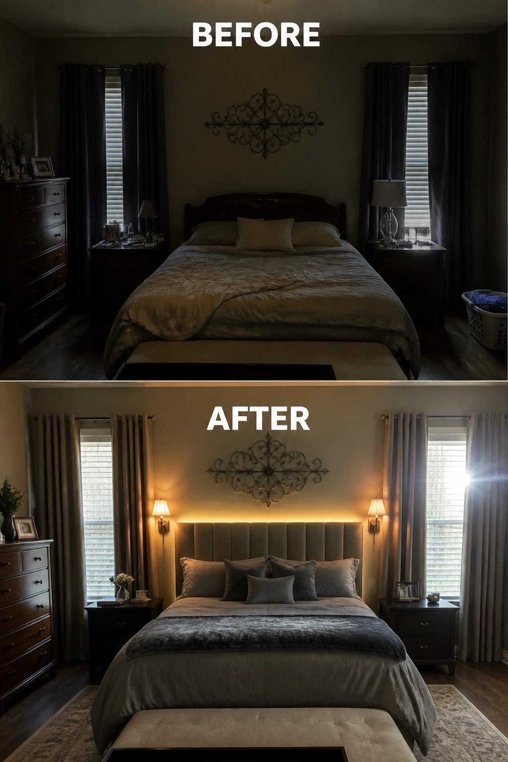 Before-and-after image of a bedroom with a dark wooden headboard changed to an upholstered statement headboard with backlighting and wall sconces.