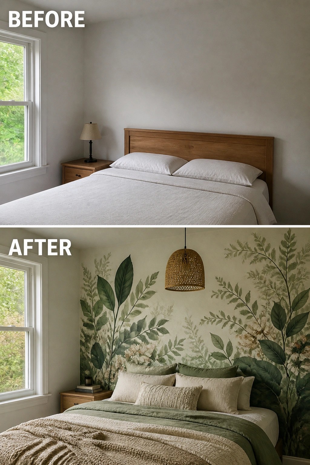 Before and after bedroom with green botanical wallpaper, pendant light, and layered bedding