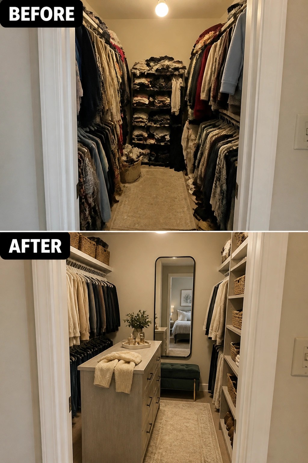 Before-and-after image of a cluttered narrow closet transformed with organized shelving, a central dresser island, hanging rods on both sides, and a full-length mirror.