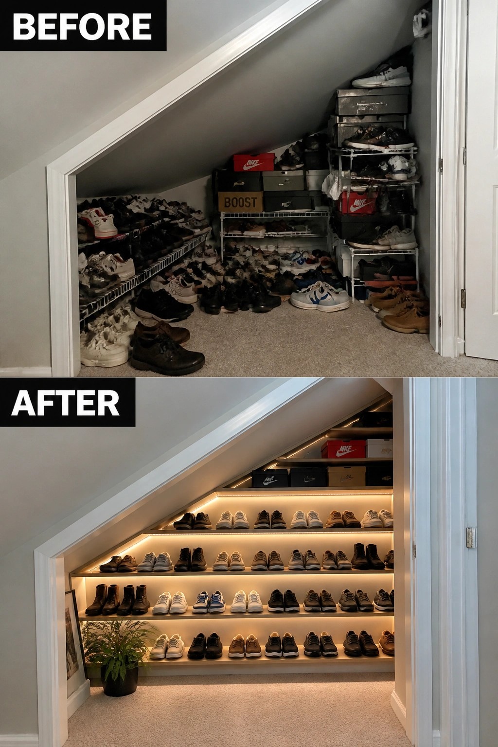 Before-and-after view of messy shoe clutter transformed into neat illuminated shelves under stairs.