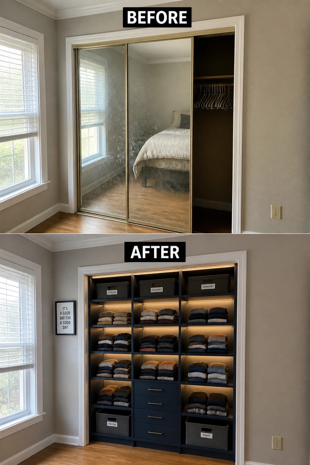 Before mirrored closet doors and after navy-lit shelves with folded clothes and labeled bins