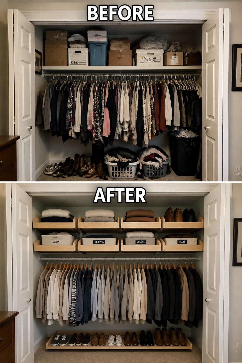 Before messy cluttered closet and after organized closet with shelves, bins, and hanging clothes.