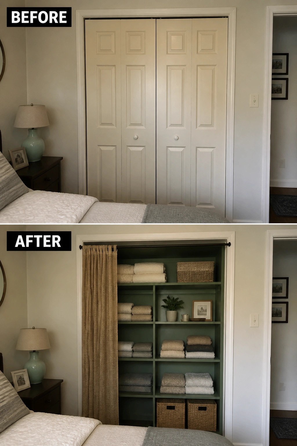 Before-and-after image of a bedroom closet changed from closed bifold doors to open green shelving filled with folded towels and baskets, finished with a burlap curtain.
