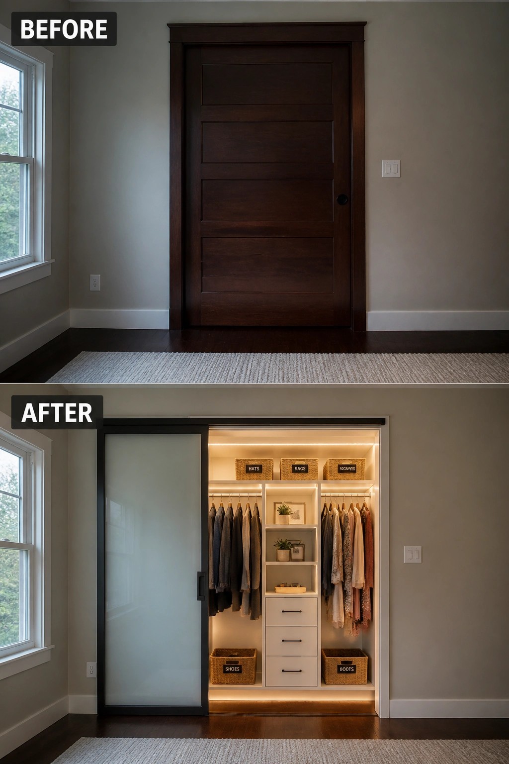 Before-and-after of plain door transformed into lit closet with hanging clothes and baskets