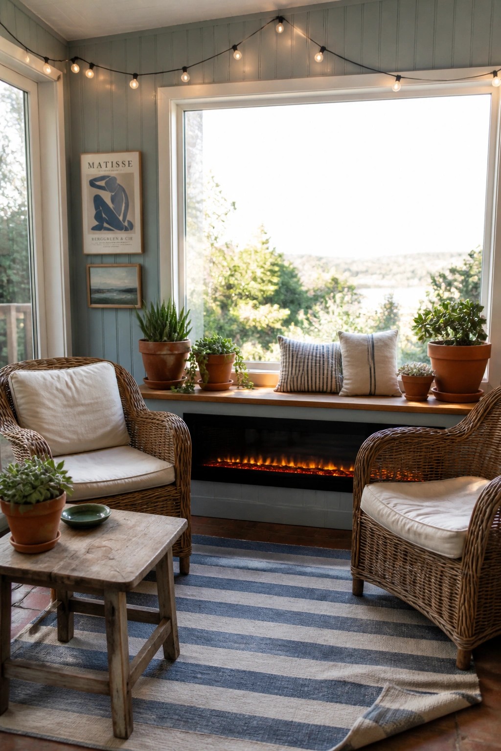 A sunroom interior with two wicker armchairs, a wooden side table, potted plants, and an electric fireplace built into the wall beneath a large window with a wooden bench seat.