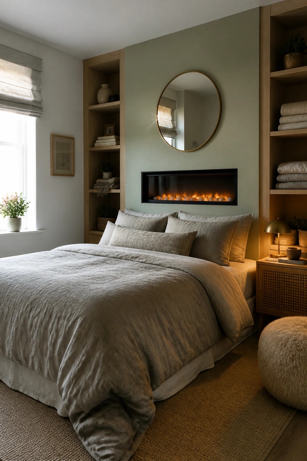Cozy bedroom with sage accent wall, fireplace, round mirror, and neutral linen bedding.