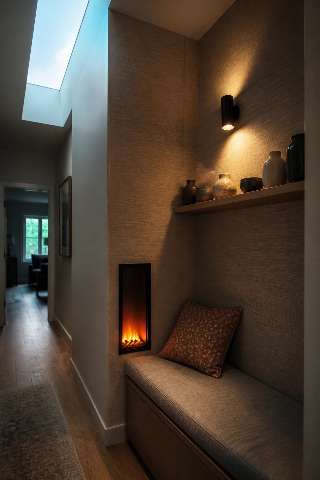 A narrow interior alcove with a vertical electric fireplace set into textured walls, a cushioned bench seat below it, and a floating shelf holding ceramic vases above.