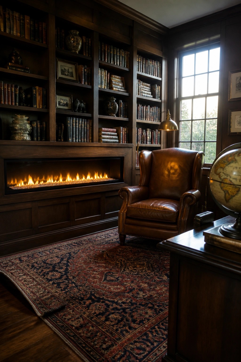 A linear electric fireplace is built into dark wood cabinetry and flanked by tall bookshelves in a traditional study with a brown leather armchair nearby.