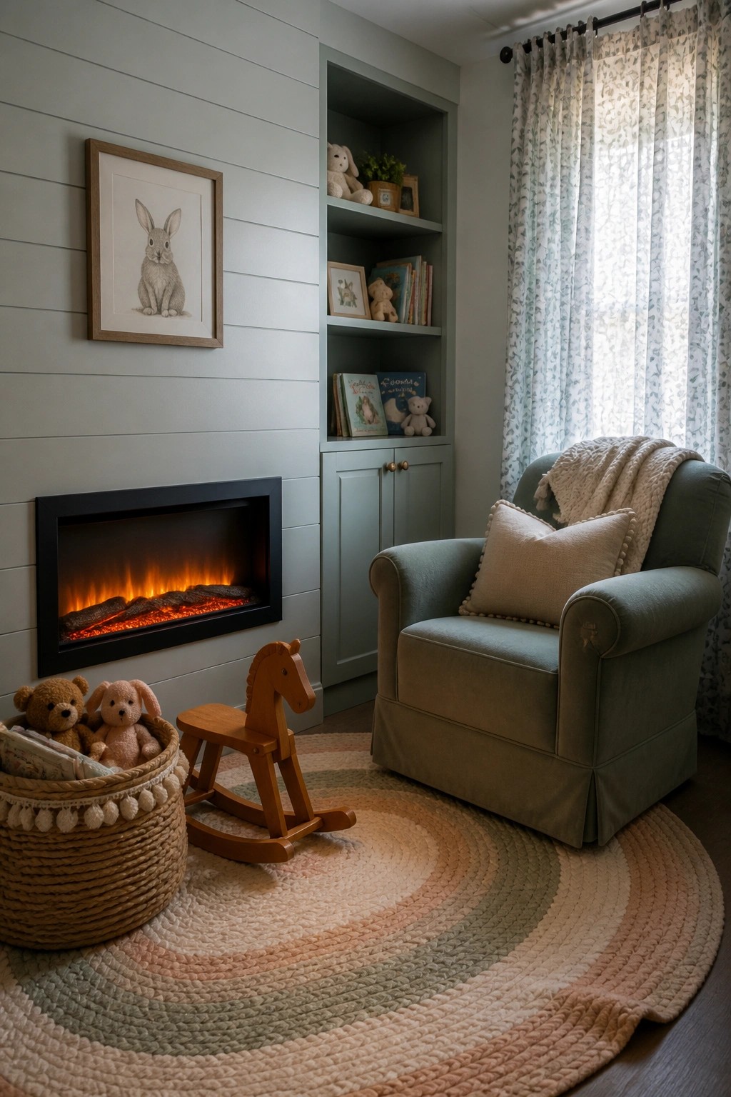 A children's room shows a black electric fireplace installed in a light gray paneled wall beneath built-in sage green shelves holding books and toys, with a green armchair and round striped rug nearby.