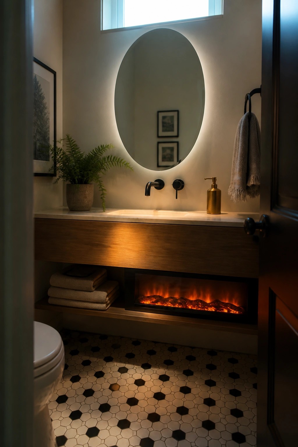 A bathroom vanity with an electric fireplace installed in the lower open shelf beneath the sink, next to stacked towels.