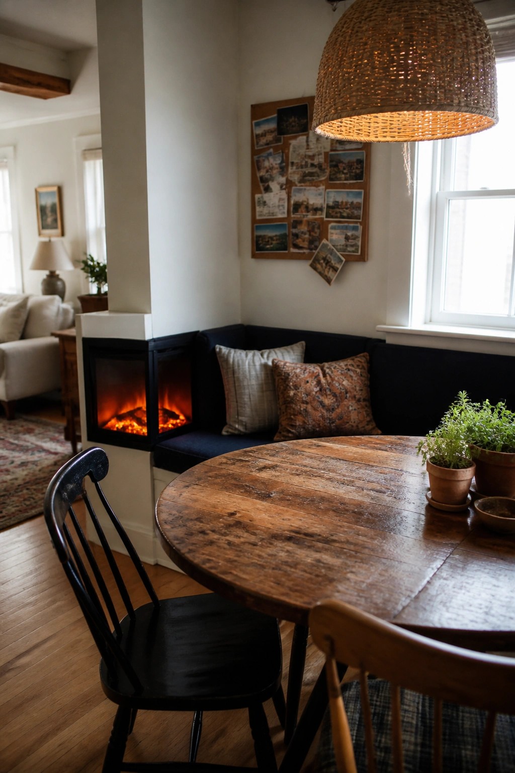A corner dining area with a round wooden table, two wooden chairs, a black chair, and built-in navy bench seating that incorporates a black electric fireplace unit with visible glowing logs.