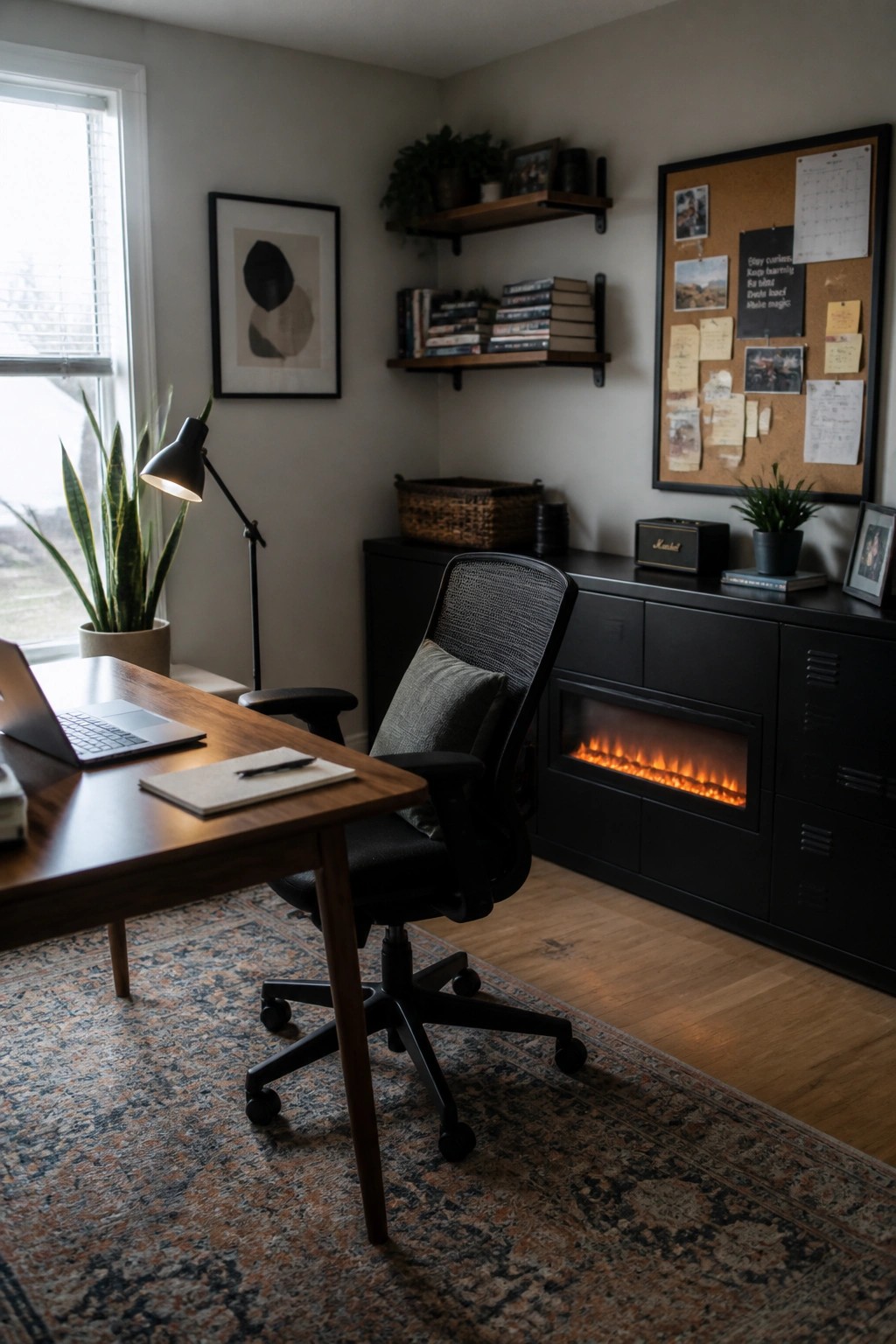 A home office with a wooden desk, black office chair, and an electric fireplace built into a long black cabinet along the wall.
