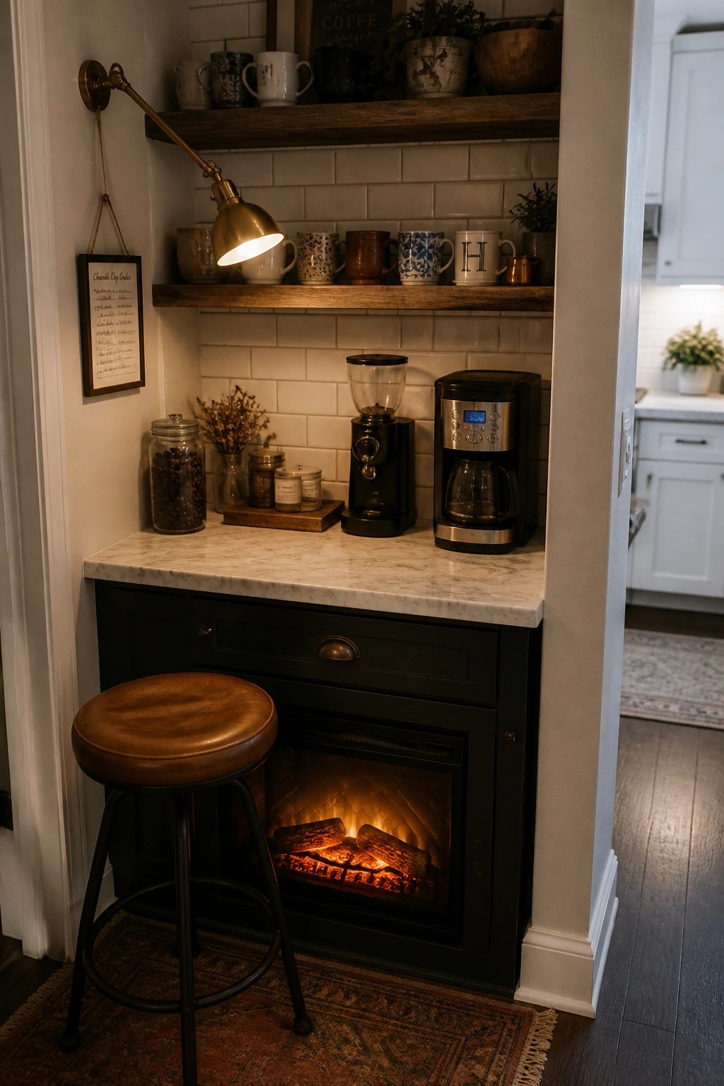 An electric fireplace installed inside black cabinetry under a marble countertop in a kitchen nook, with coffee makers on top and a brown leather stool in front.
